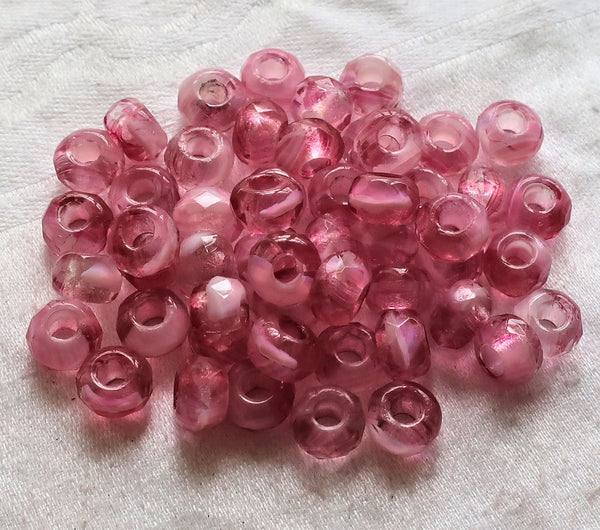 Ten Czech glass faceted roller beads - 8.65mm x 5.32mm opaque & transparent pink and white marbled tyre beads - big 3.38mm hole beads C1901 - Glorious Glass Beads