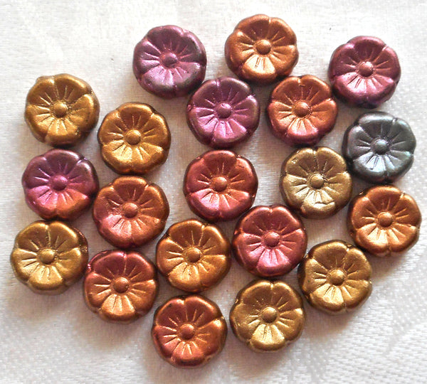 Lot of 20 12mm purple. blue, pink, orange & gold metallic Czech glass flower beads, bronze iris pressed glass Hawaiian flowers, C06101