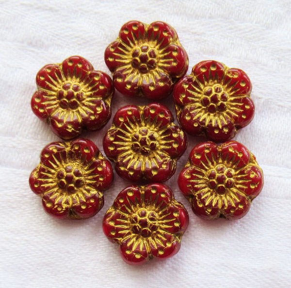 Twelve Czech glass wild rose flower beads - 14mm translucent red opaline floral beads with a gold wash C07105 - Glorious Glass Beads
