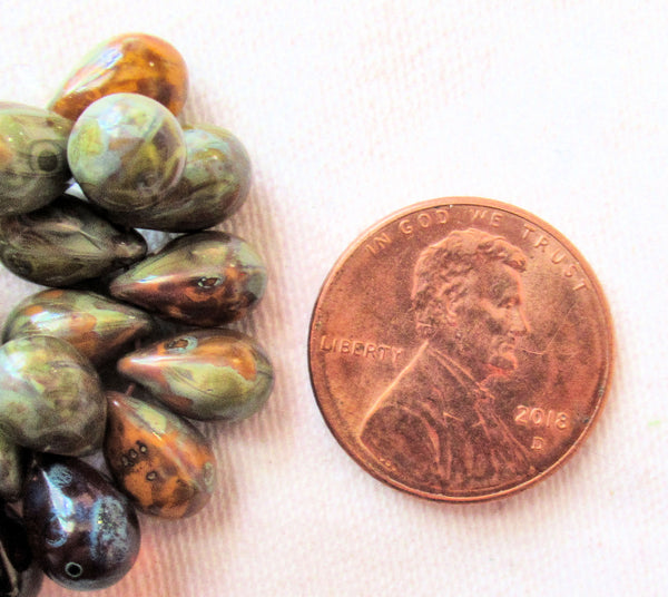 Lot of 25 Czech glass drop beads - transparent & opaque mix of green, orange and brown picasso- smooth teardrop beads - 9 x 6mm C5701