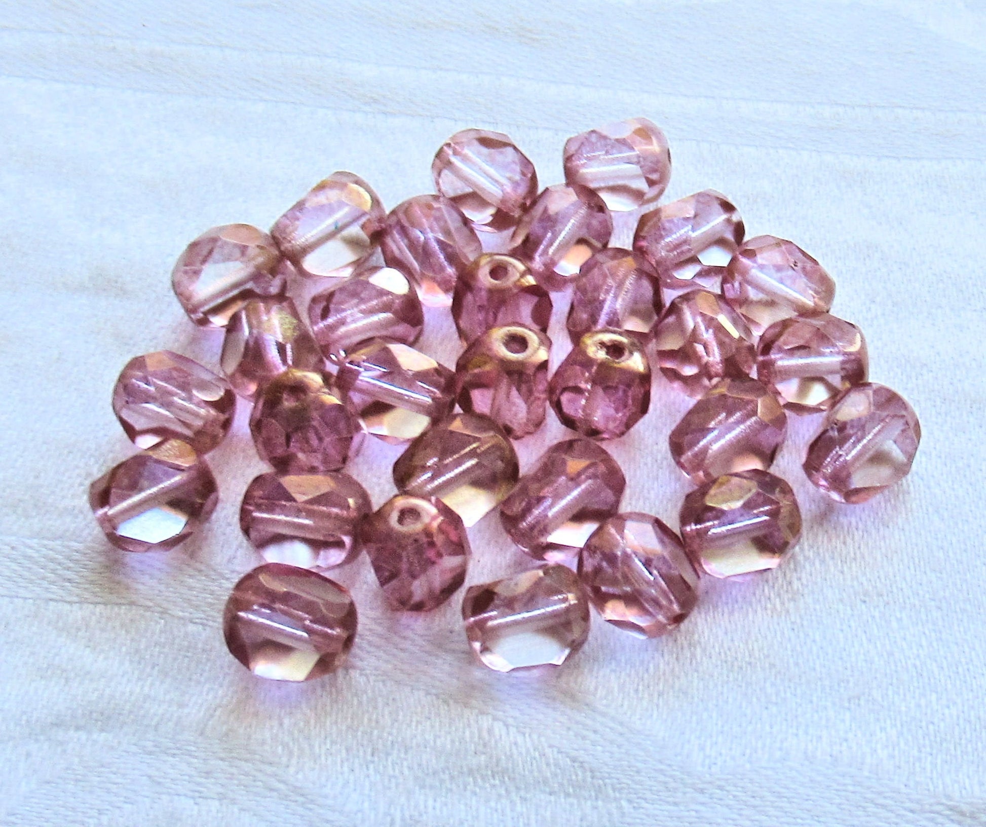 25 Tricut, Tri-cut Czech glass Round beads - pink with gold accents - 8mm - table cut faceted window beads - C61201 - Glorious Glass Beads