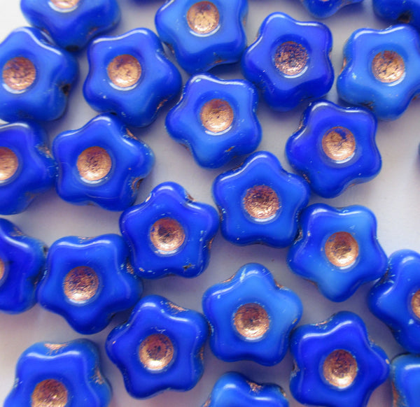 Lot of 10 Czech glass flower beads - 11mm opaque royal blue table cut beads with gold picasso accents - 00029