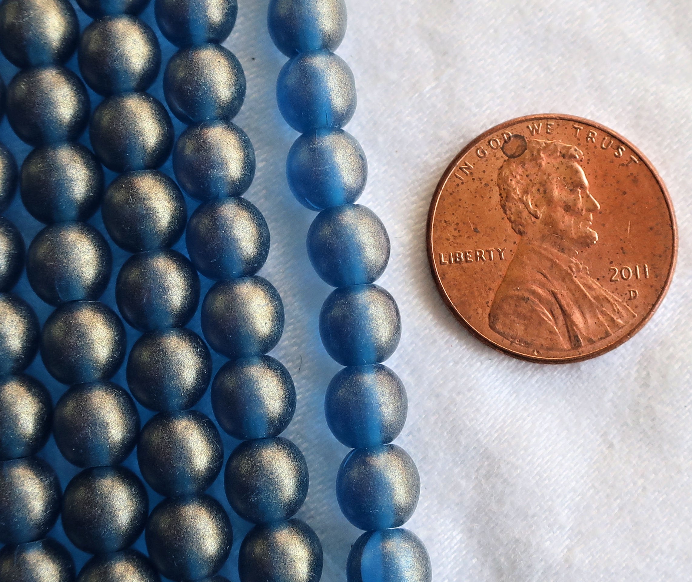 Lot of 50 6mm Sueded Gold Capri Blue Czech glass druk beads, golden blue suede smooth round druks, C4901 - Glorious Glass Beads