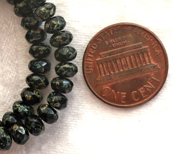 30 small Czech glass puffy rondelle beads - 3mm x 5mm - opaque jet black w/ a full picasso coat - faceted rondelles 5601 - Glorious Glass Beads