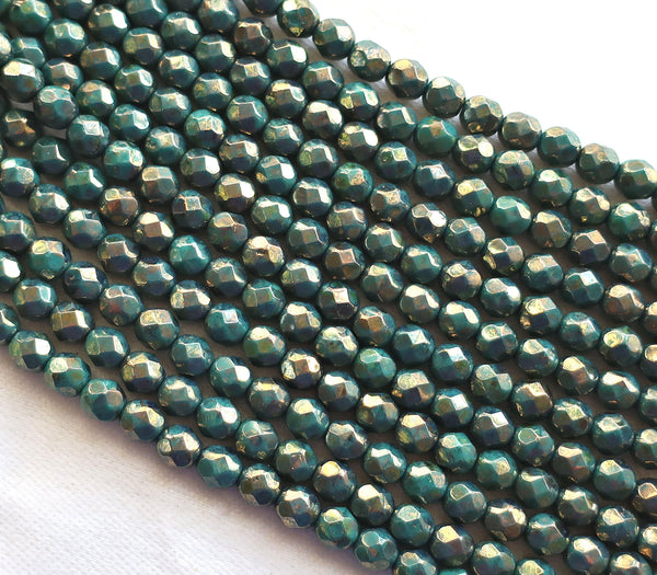 25 6mm Persian Turquoise Bronze Picasso Czech glass beads, firepolished, faceted round beads, C4825 - Glorious Glass Beads