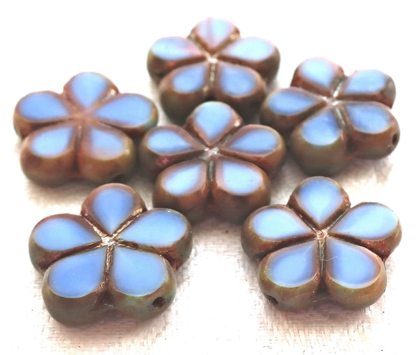 Lot of five 17mm table cut, carved,opaque, denim blue with pink / brown picasso accents, Czech glass flower beads C53105 - Glorious Glass Beads