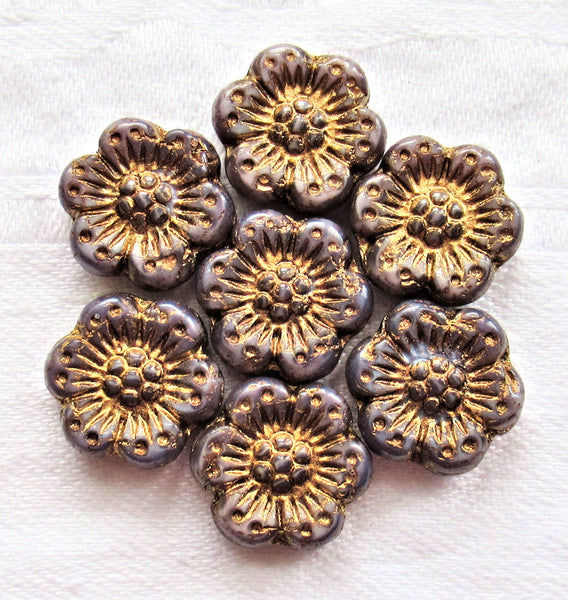 Twelve Czech glass wild rose flower beads - 14mm opaque purple, amethyst floral beads with a bronze wash C07105 - Glorious Glass Beads