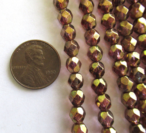 25 faceted round Czech glass beads - 6mm fire polished smoky topaz (brown) luster w/ gold finish beads - C0065
