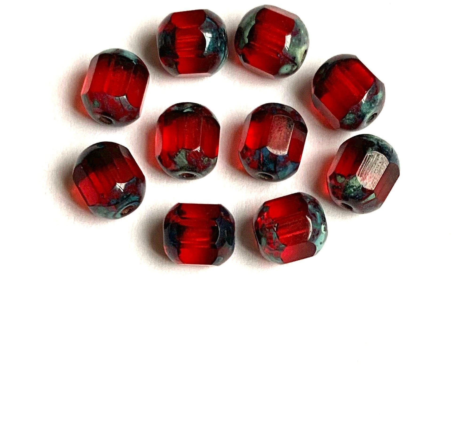 15 Czech glass faceted cathedral or barrel beads six sides - 8mm fire  polished Siam red beads with picasso finish on the ends C0075