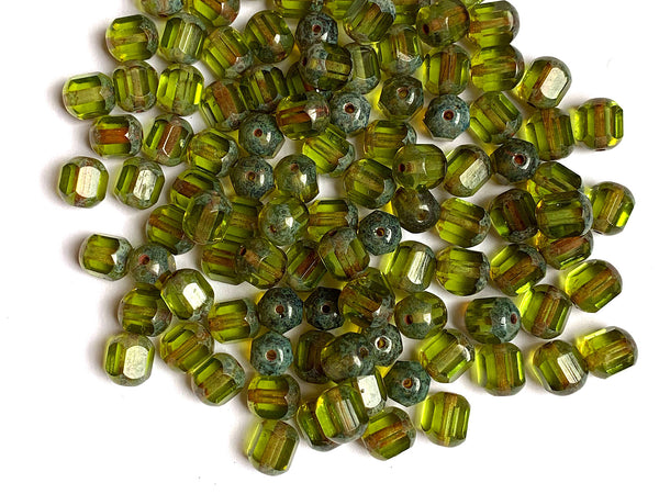 15 Czech glass faceted cathedral or barrel beads six sides - 8mm fire polished olive green beads with a picasso finish on the ends C0007