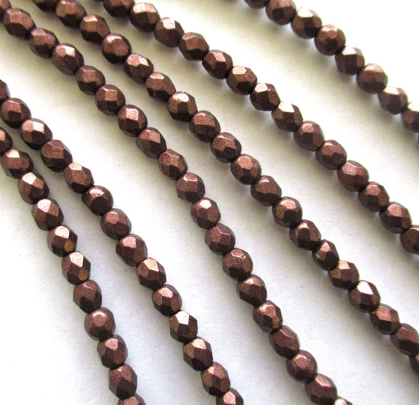 50 4mm Czech glass beads - saturated metallic chicory coffee brown fire polished faceted round beads - C0014