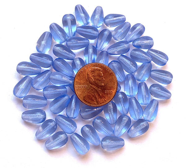 Lot of 25 10 x 6mm Czech glass light sapphire blue teardrop beads - center drilled smooth drop beads C0023