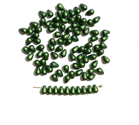 Fifty Czech glass teardrop beads - 6 x 4mm matte olive green pearl drop or pear beads - C0055