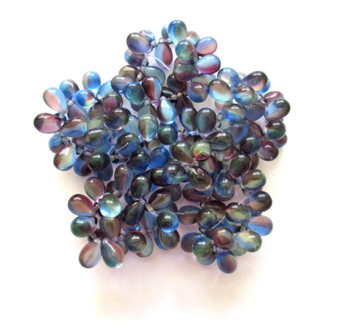 Lot of 25 Czech glass drop beads - transparent mix of blue & purple- smooth teardrop beads - 9 x 6mm C0036