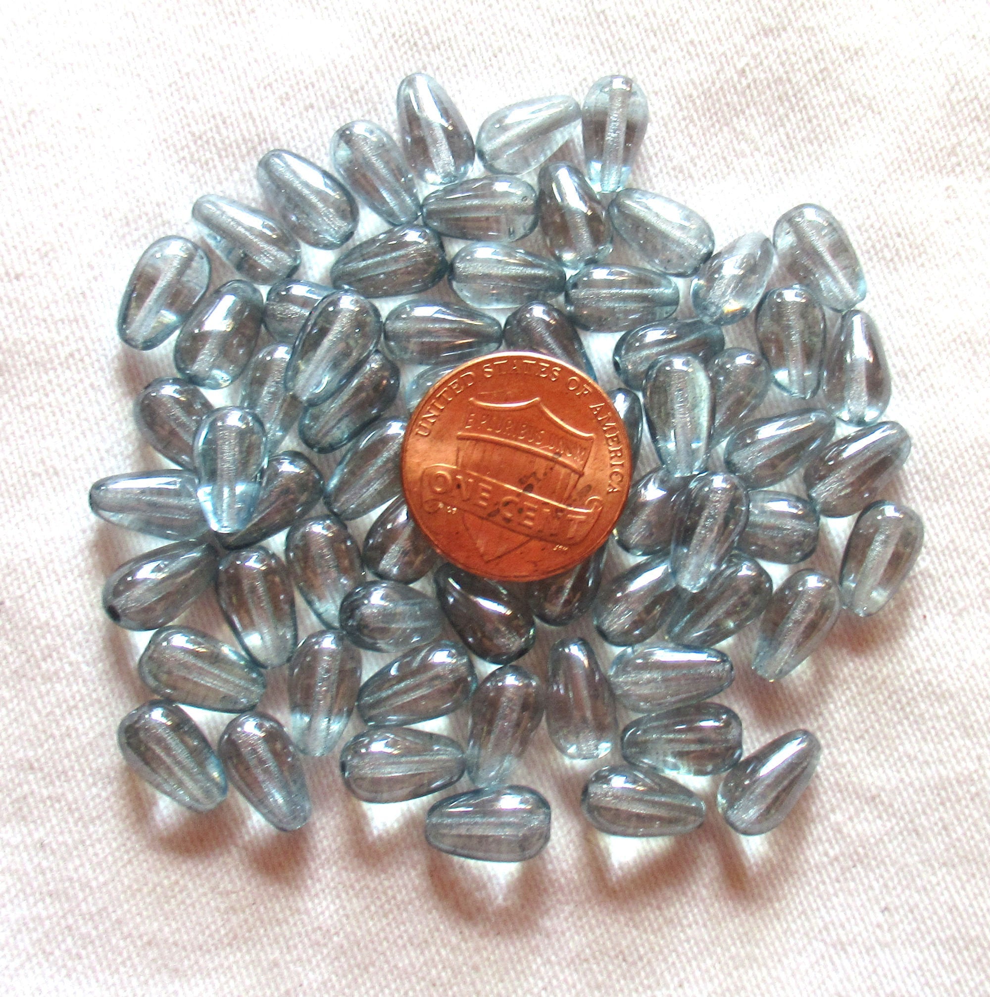 Lot of 25 lumi blue Czech glass drop beads - smooth teardrop beads - 10 x 6mm