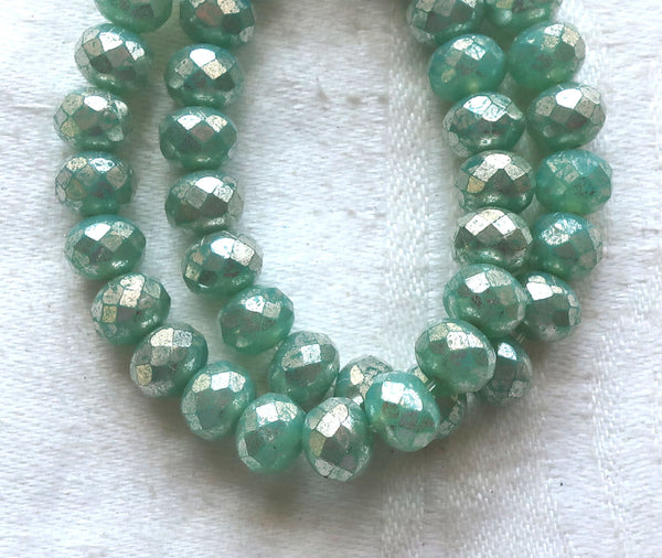 Lot of 25 Czech glass faceted puffy rondelle beads, opaque lightmint green with a silver mercury finish, donut beads, 5 x 7mm C00201 - Glorious Glass Beads