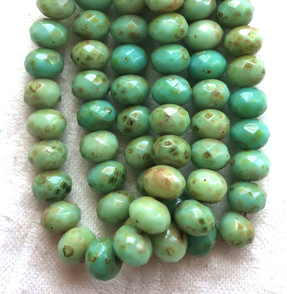 Lot of 25 puffy rondelle beads, opaque turquoise blue green mix with a picasso finish, 7mm x 5mm faceted Czech glass rondelles 53101