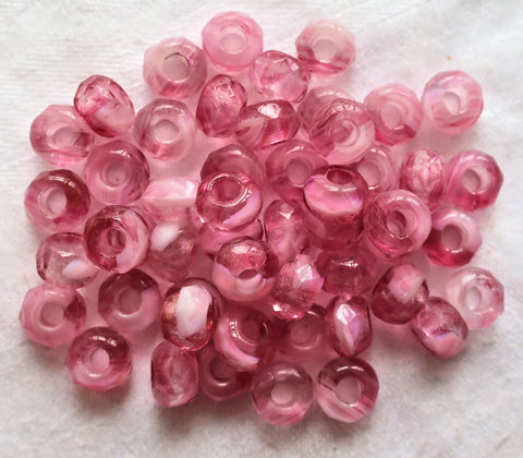 Ten Czech glass faceted roller beads - 8.65mm x 5.32mm opaque & transparent pink and white marbled tyre beads - big 3.38mm hole beads C1901 - Glorious Glass Beads