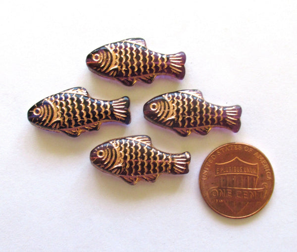 lot of 4 large Czech glass fish beads - 25 x 14mm transparent light amethyst / purple fish with a gold wash - C0057