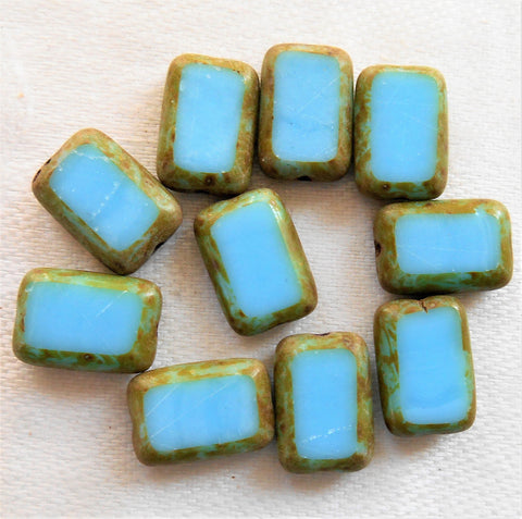 Ten rectangular Opaque Turquoise Blue Picasso Czech glass rectangle beads - 12mm x 8mm table cut beads C71101