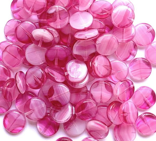 15 Czech glass coin beads - 10mm pink marbled, milky, striped disc beads C0057