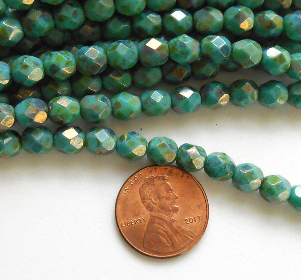 25 6mm Turquoise Bronze Picasso Czech glass beads, firepolished, faceted round beads, C8725
