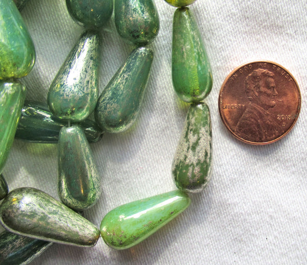 Lot of six Czech glass long teardrop beads - opaque opalescent milky jade green with a silvery mercury finish - 9 x 20mm tear drops 22106