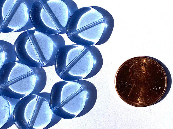 Ten 15mm Czech glass asymmetrical coin or disc beads - light sapphire blue beads - C0018