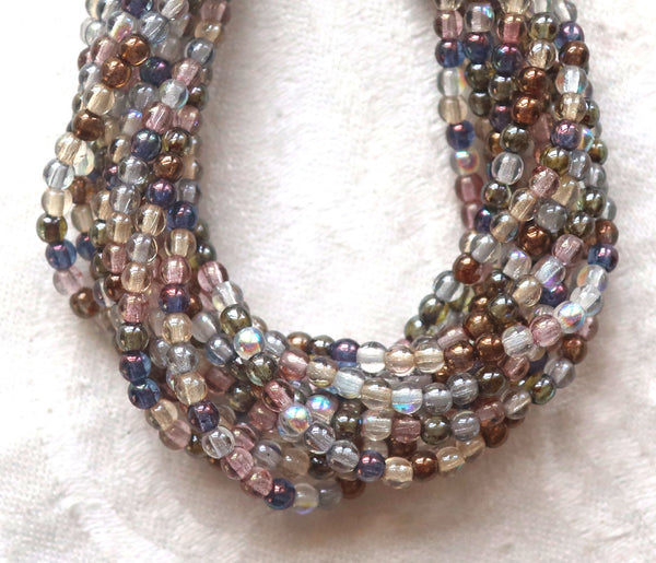 Lot of 100 3mm Czech glass druks, transparent blue, pink, brown, cryatal luster mix, smooth round druk beads, earthy, rustic colors C2401