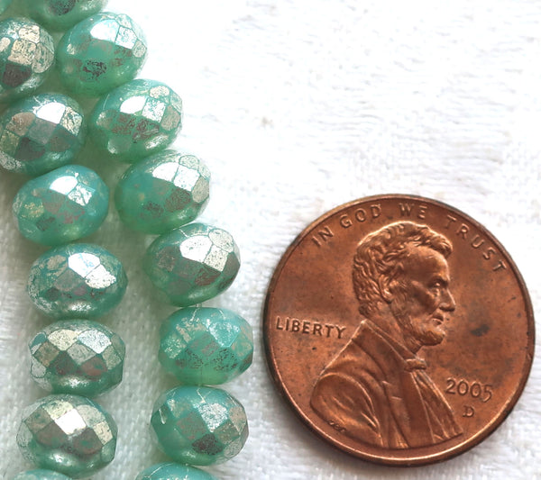 Lot of 25 Czech glass faceted puffy rondelle beads, opaque lightmint green with a silver mercury finish, donut beads, 5 x 7mm C00201 - Glorious Glass Beads