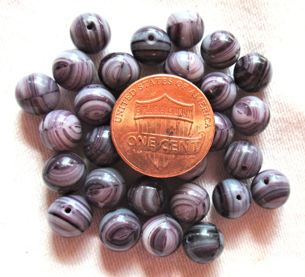Lot of 25 8mm Czech glass druks - opaque amethyst or purple and white swirled glass - smooth round druk beads