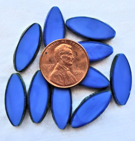 Ten 20 x 9mm opaque royal blue silk, table cut, picasso Czech glass spindle beads, almond shaped tube beads C33201 - Glorious Glass Beads