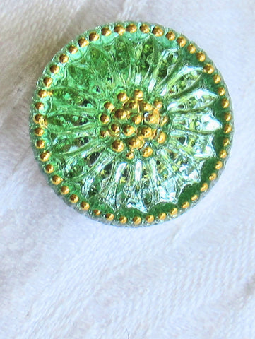 One 18mm Czech glass flower button - mint green sunflower with gold accents - decorative floral shank buttons 30201
