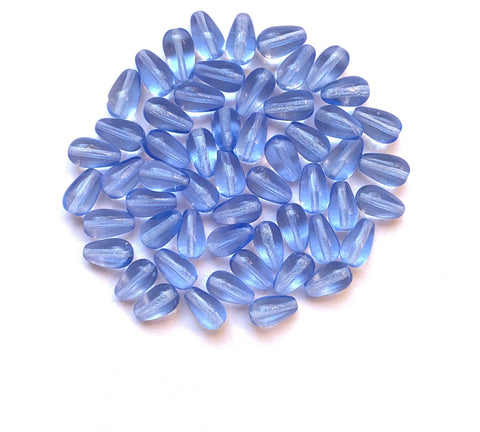 Lot of 25 10 x 6mm Czech glass light sapphire blue teardrop beads - center drilled smooth drop beads C0023