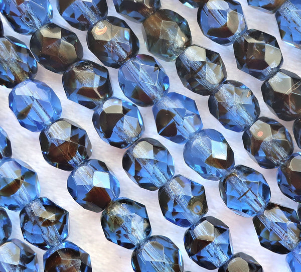 25 6mm round faceted firepolished Czech glass beads - Tortoise Shell, Tortoiseshell sapphire blue - brown Y blue mix - C7425