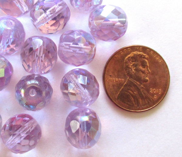 Twenty 10mm Czech glass fire polished faceted round beads - alexandrite, lilac, lavender AB beads C0089