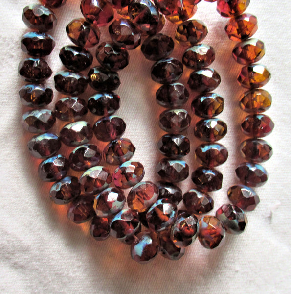 Lot of 25 Czech glass puffy rondelle beads - 6 x 8mm brown / dark smoky topaz & pink color mix faceted rondelles C52325