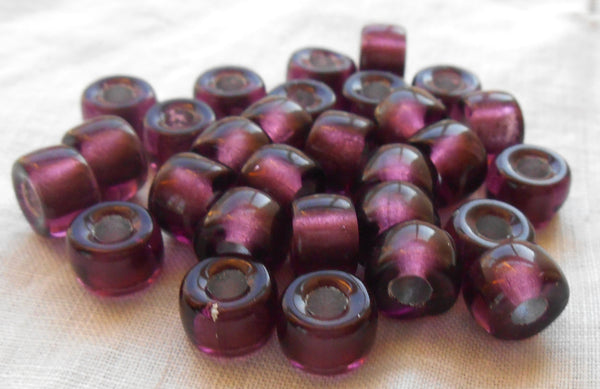 25 9mm Czech Dark Amethyst Silver Lined pony roller beads, large hole purple glass crow beads, C0087