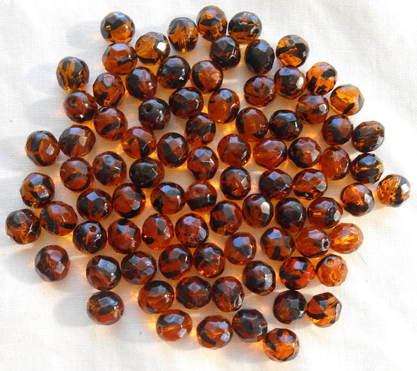 25 8mm Tortoise Shell, Tortoiseshell, Amber faceted round firepolished glass beads C0039