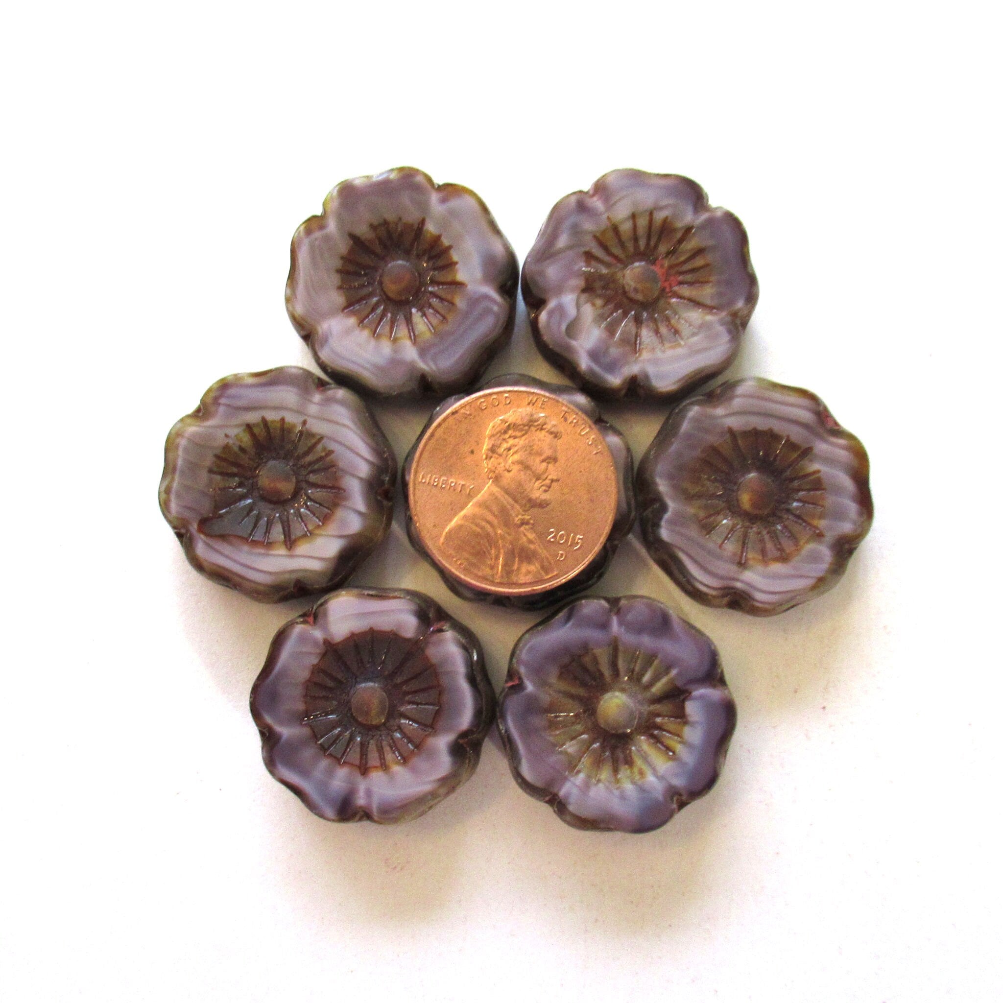2 large 22mm Czech glass flower beads - Table cut carved silky marbled purple or amethyst picasso beads - Hawaiian hibiscus focal - 00881