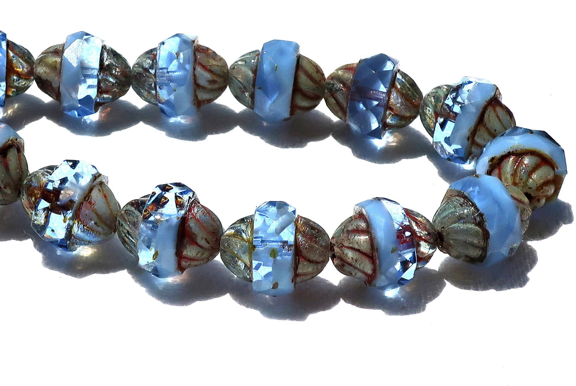 Six Czech glass turbine beads, 11 x 10mm transparent & opaque sapphire blue Czech glass beads with a picasso finish, saturn beads C02101 - Glorious Glass Beads