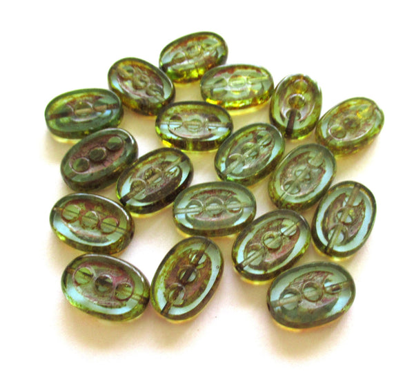 Ten 14 x 10mm Czech glass oval beads - transparent light blue green picasso, table cut, carved dot beads - C00501