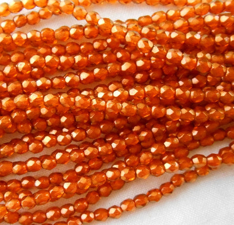 50 3mm Halo Sandalwood Orange Czech beads, Sienna glass over gold, firepolished, faceted round beads, C8650