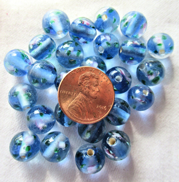 Lot of ten 10mm sapphire blue smooth round floral druk beads - made in India glass flower druks C7901