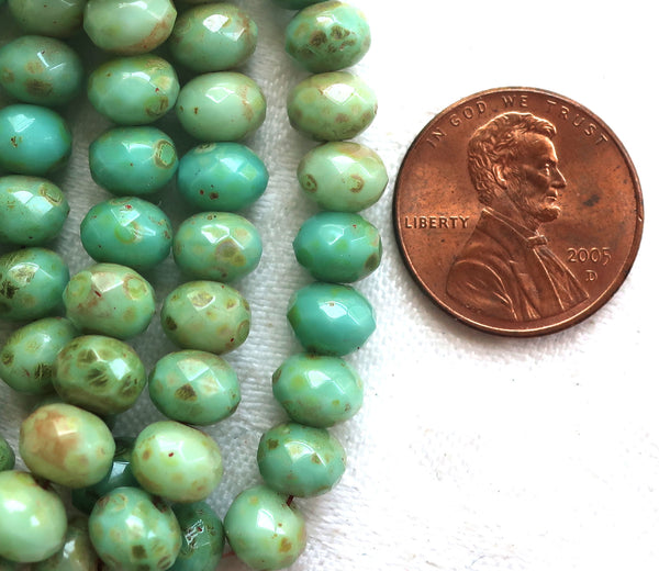 Lot of 25 puffy rondelle beads, opaque turquoise blue green mix with a picasso finish, 7mm x 5mm faceted Czech glass rondelles 53101 - Glorious Glass Beads