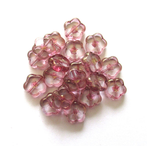 Lot of 6 Czech glass flower beads - 14mm table cut carved transparent crystal & light pink beads C00031