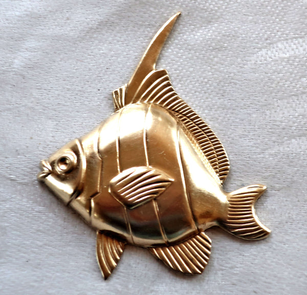1 Angel Fish raw brass stamping, stylized 1950s retro fish, ornament, pendant, charm, component 54mm x 45mm, made in the USA 4801 - Glorious Glass Beads