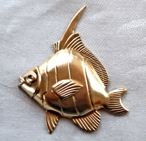 1 Angel Fish raw brass stamping, stylized 1950s retro fish, ornament, pendant, charm, component 54mm x 45mm, made in the USA 4801 - Glorious Glass Beads