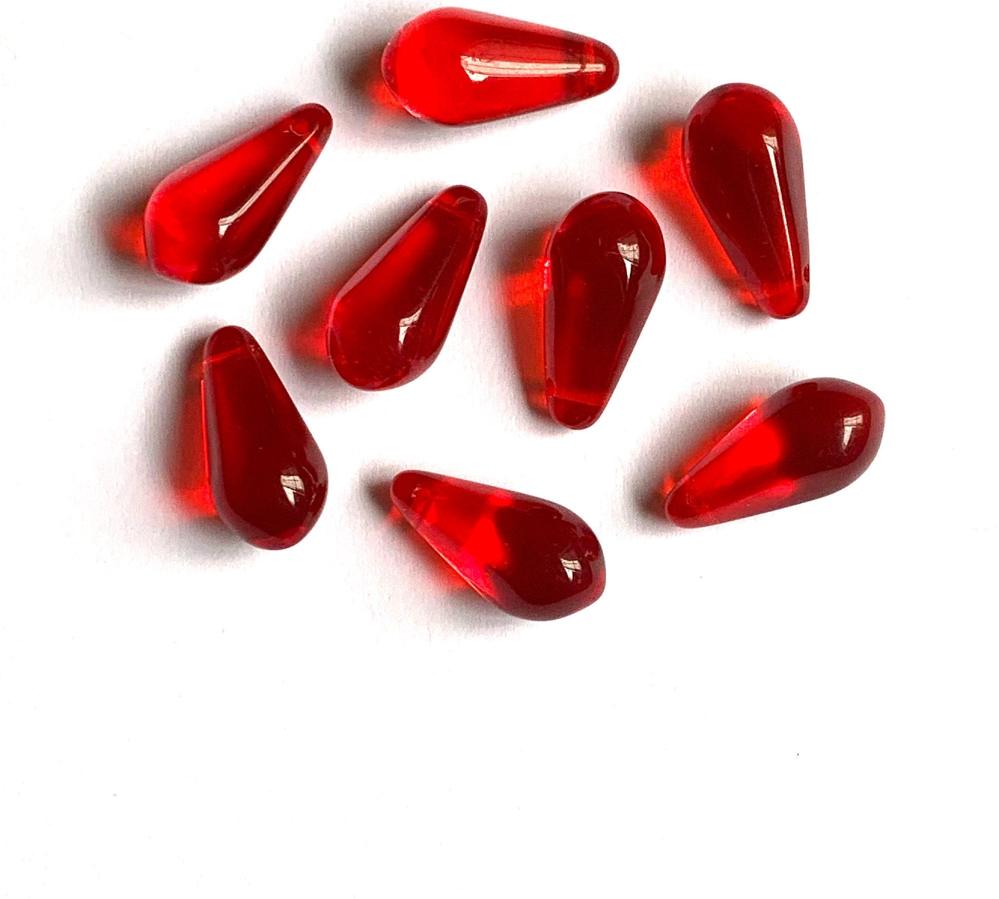 Ten large Czech glass teardrop beads - 9 x 18mm transparent Siam red pressed glass side drilled six sided drops C0054