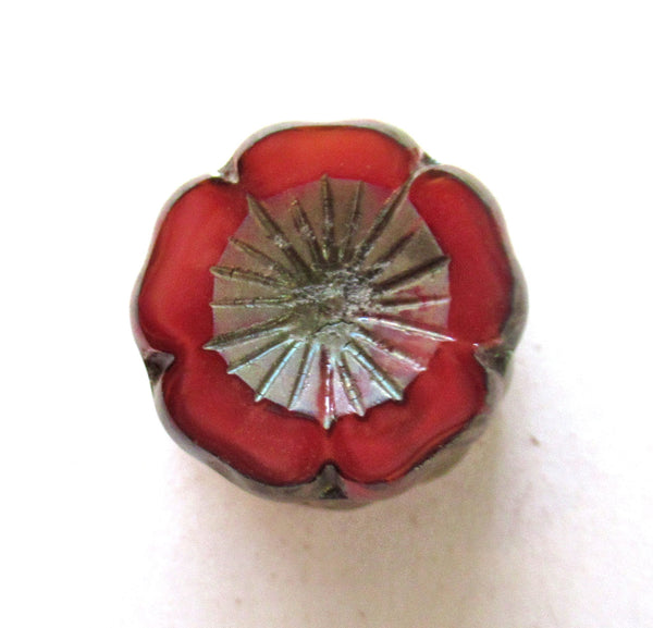 Five 16mm Czech glass flower beads - ,translucent red with a picasso finish - table cut, carved Hawaiian hibiscus beadsC00741